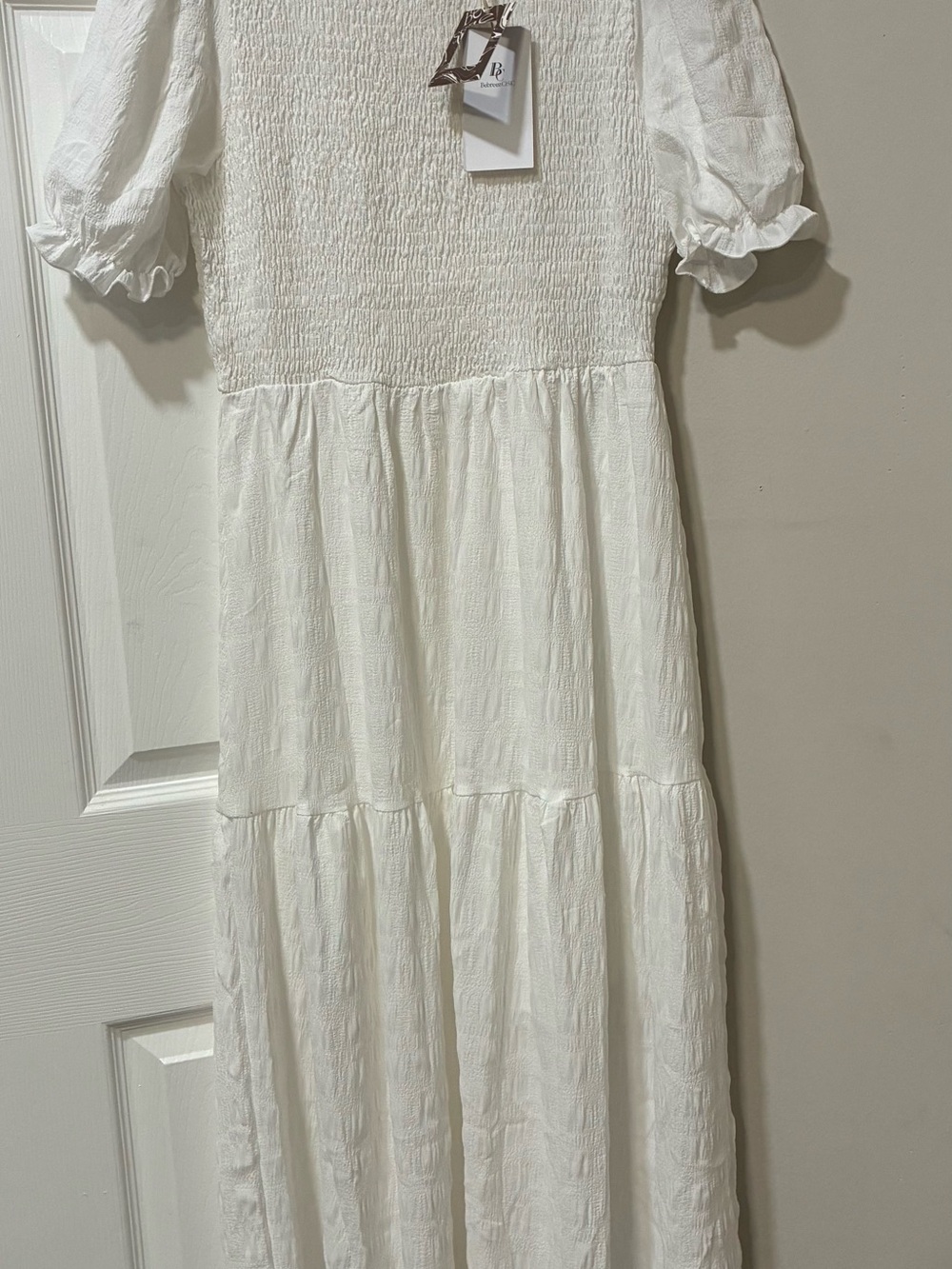 Smocked Bodice White Midi Dress with Tiered Skirt